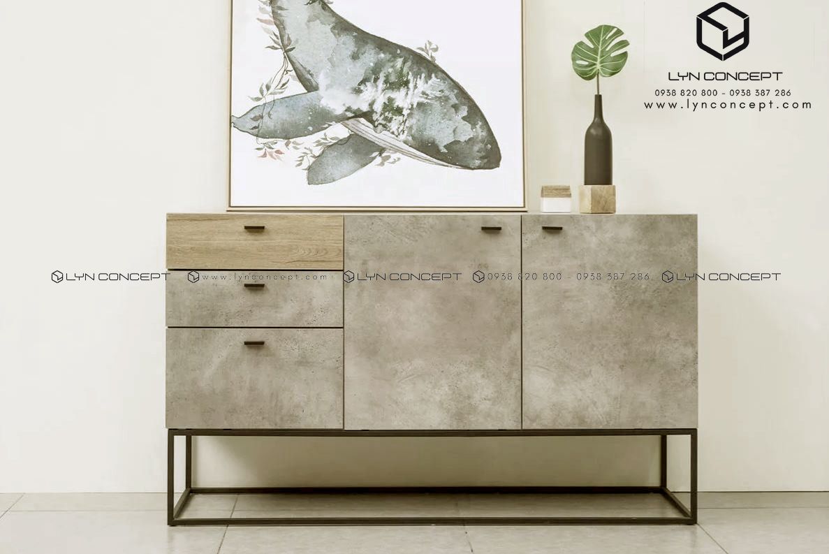 Tủ Console 2 Cánh Mở 3 Hộc Kéo Gỗ Giả Bê Tông
