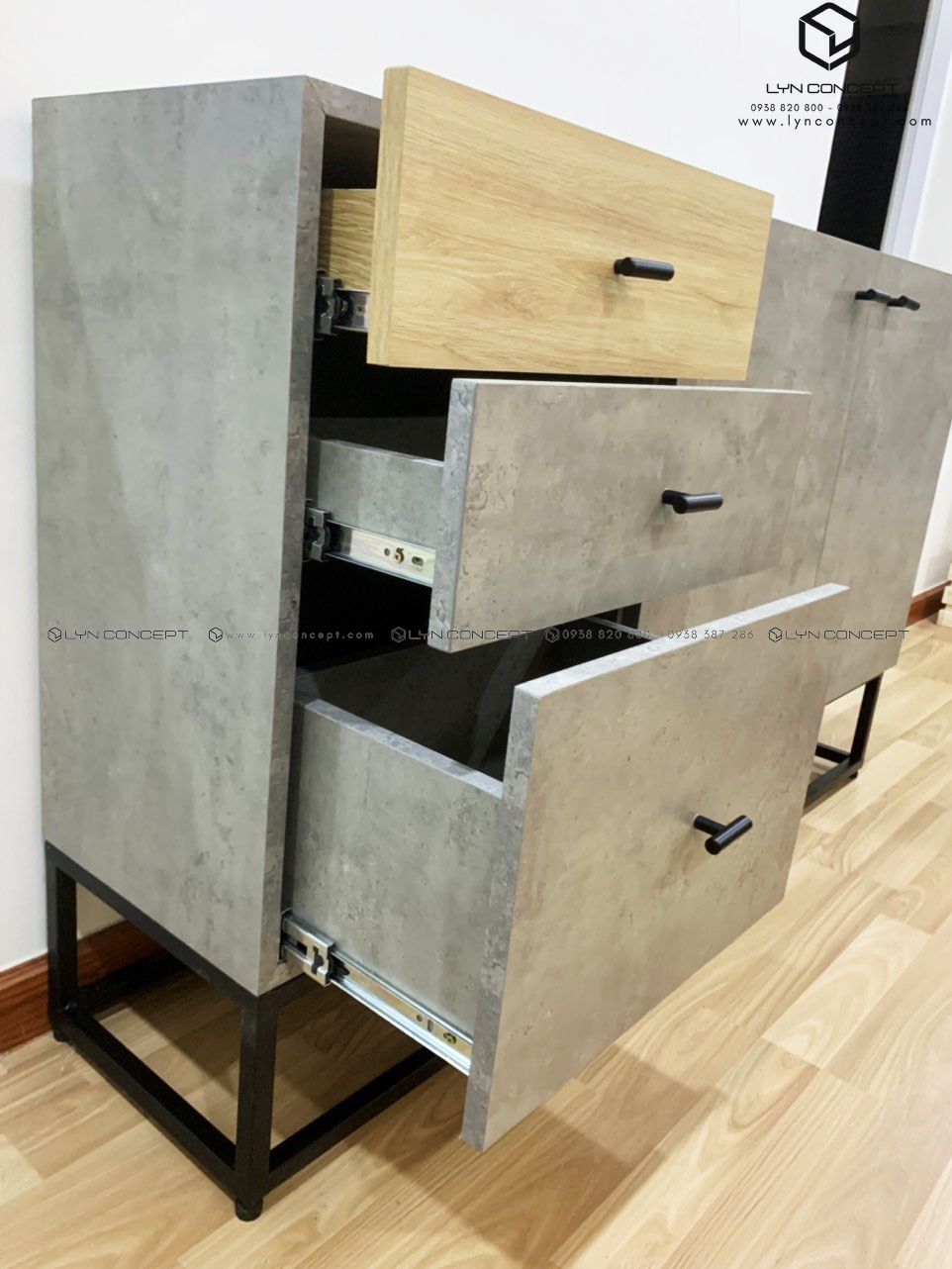 Tủ Console 2 Cánh Mở 3 Hộc Kéo Gỗ Giả Bê Tông