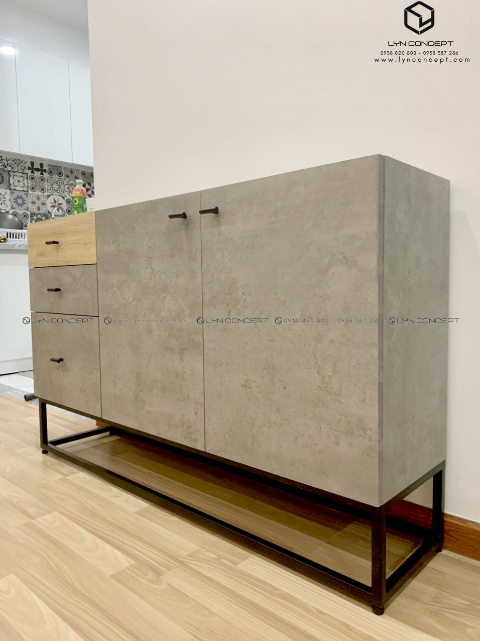 Tủ Console 2 Cánh Mở 3 Hộc Kéo Gỗ Giả Bê Tông