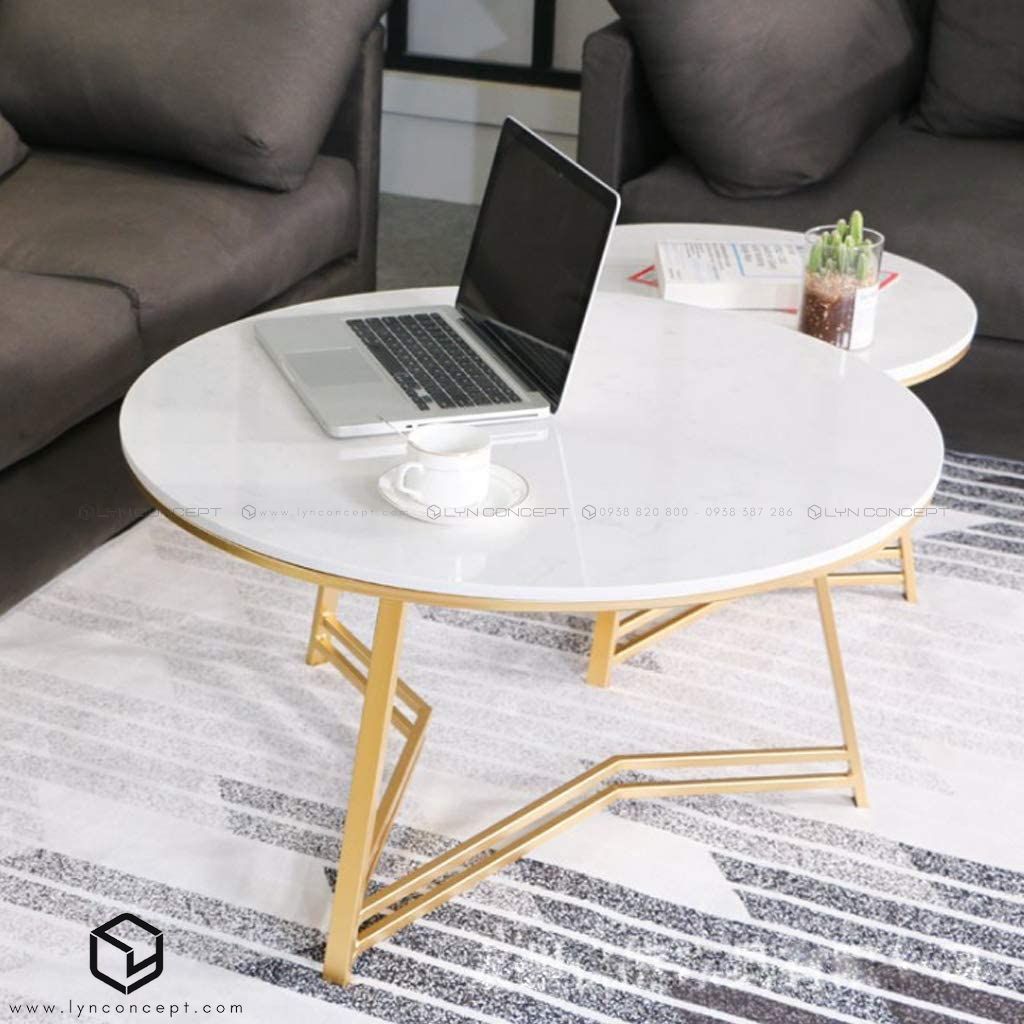 Bàn Trà Đôi Mặt Đá Trắng Chân Sắt Kiểu Ngôi Sao Sơn Vàng