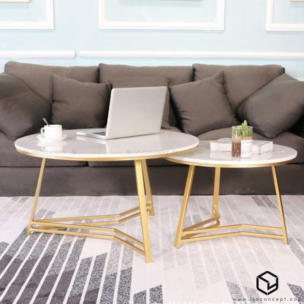 Bàn Trà Đôi Mặt Đá Trắng Chân Sắt Kiểu Ngôi Sao Sơn Vàng