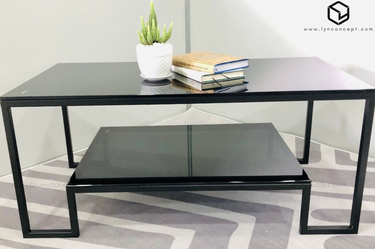 Bàn Trà Sofa Chữ Nhật 2 Tầng Kính Đen Chân Sắt Sơn Đen Hiện Đại - Bàn Trà Giá Rẻ