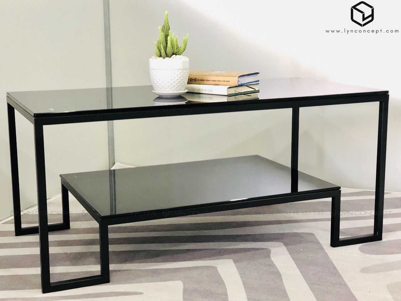 Bàn Trà Sofa Chữ Nhật 2 Tầng Kính Đen Chân Sắt Sơn Đen Hiện Đại - Bàn Trà Giá Rẻ
