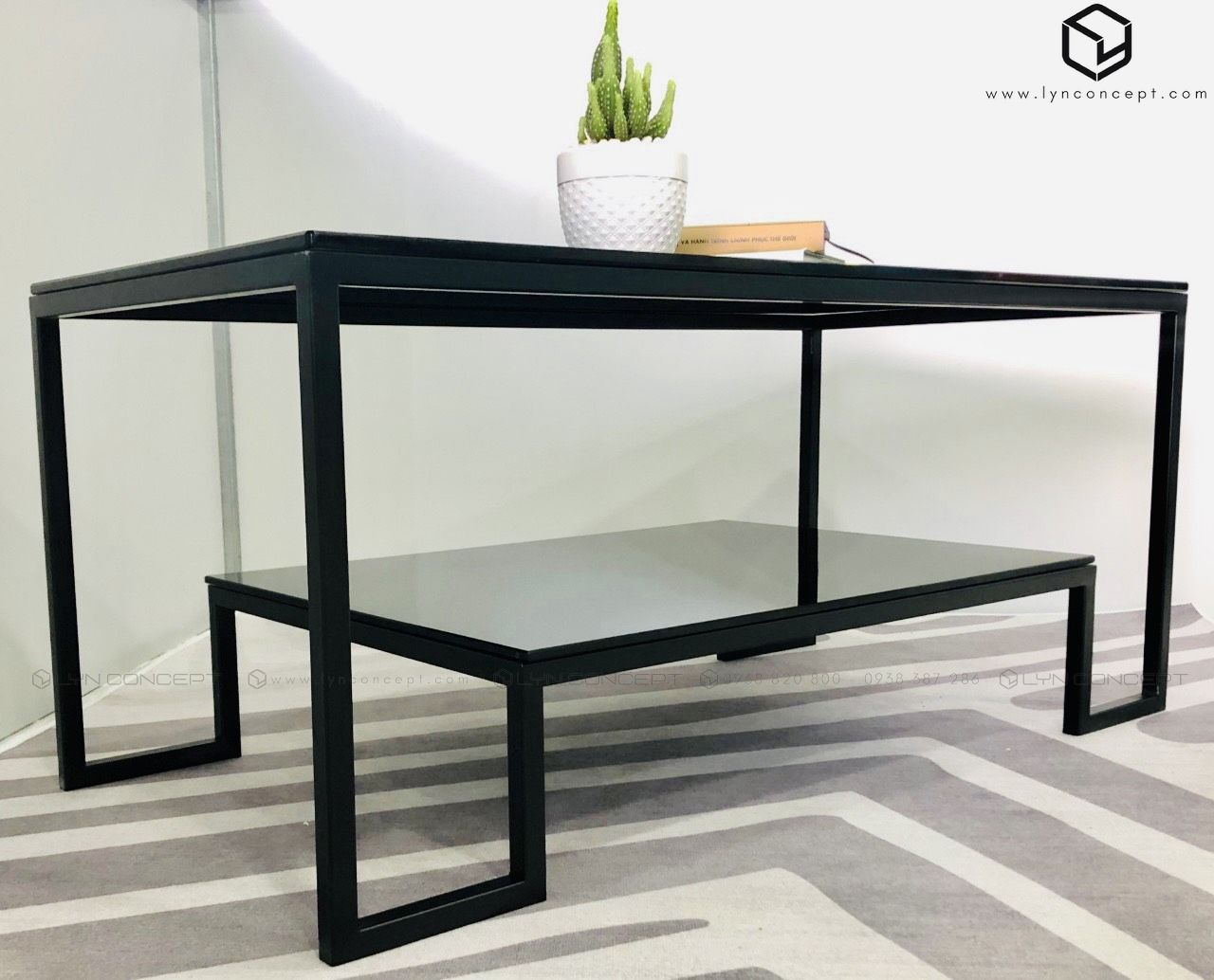Bàn Trà Sofa Chữ Nhật 2 Tầng Kính Đen Chân Sắt Sơn Đen Hiện Đại - Bàn Trà Giá Rẻ
