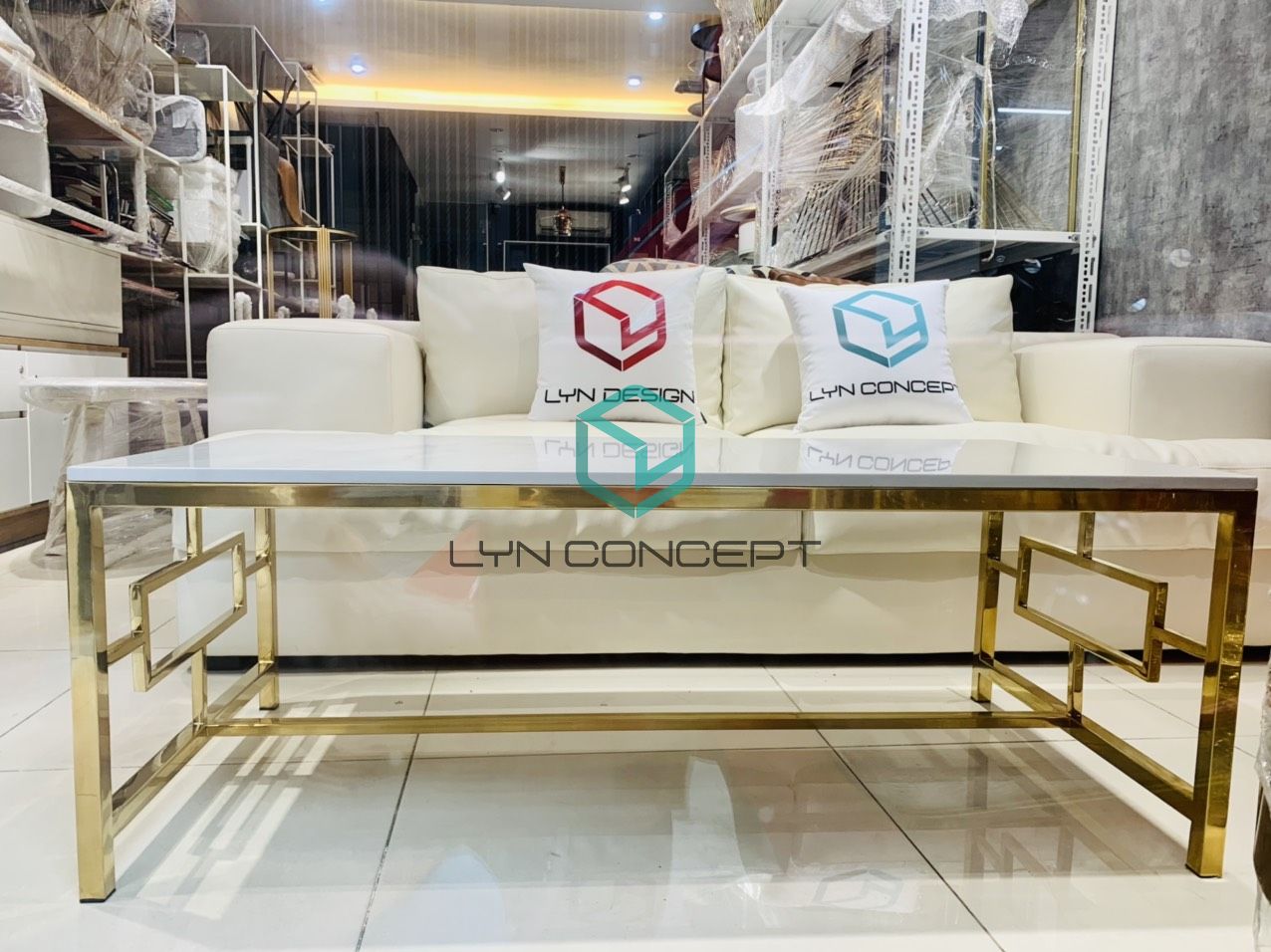 Bàn Trà Sofa Chữ Nhật Mặt Đá Trắng Chân Inox Mạ Pvd Vàng Cao Cấp - BT09D