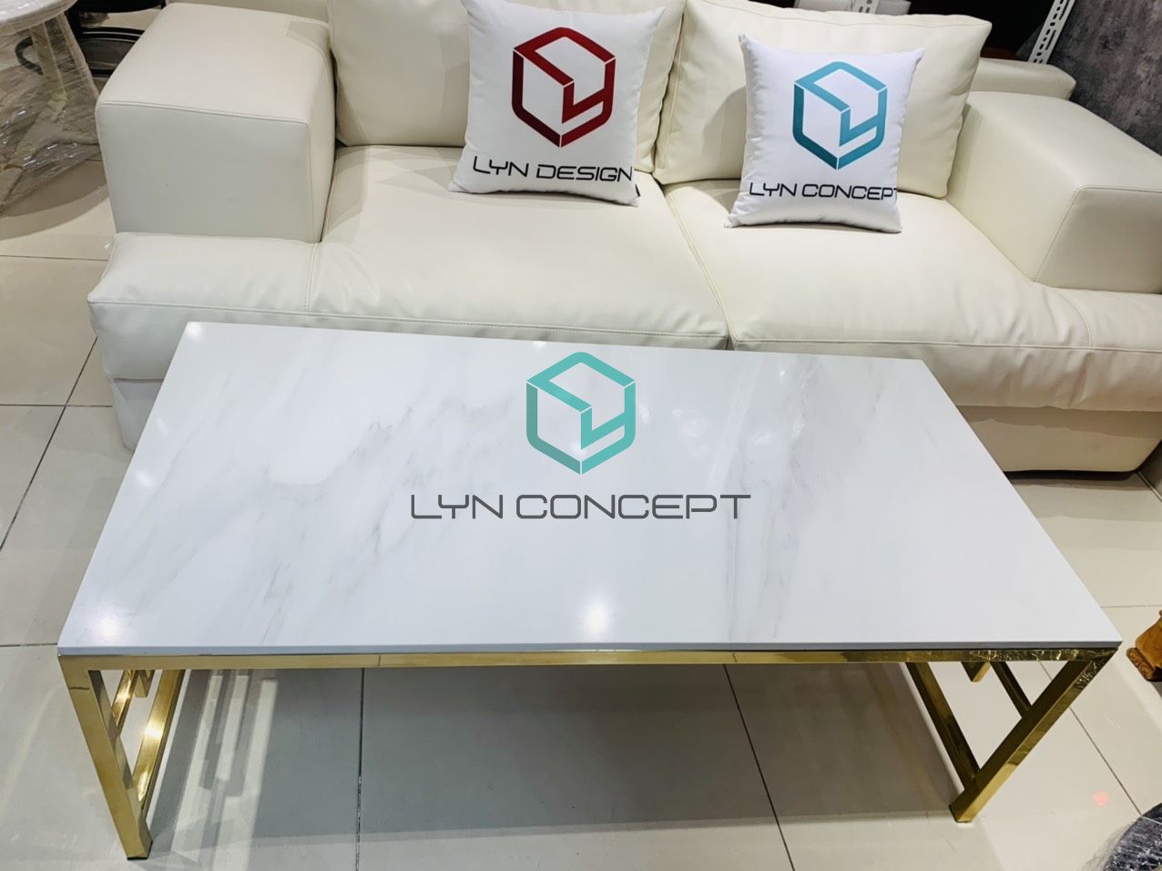 Bàn Trà Sofa Chữ Nhật Mặt Đá Trắng Chân Inox Mạ Pvd Vàng Cao Cấp - BT09D