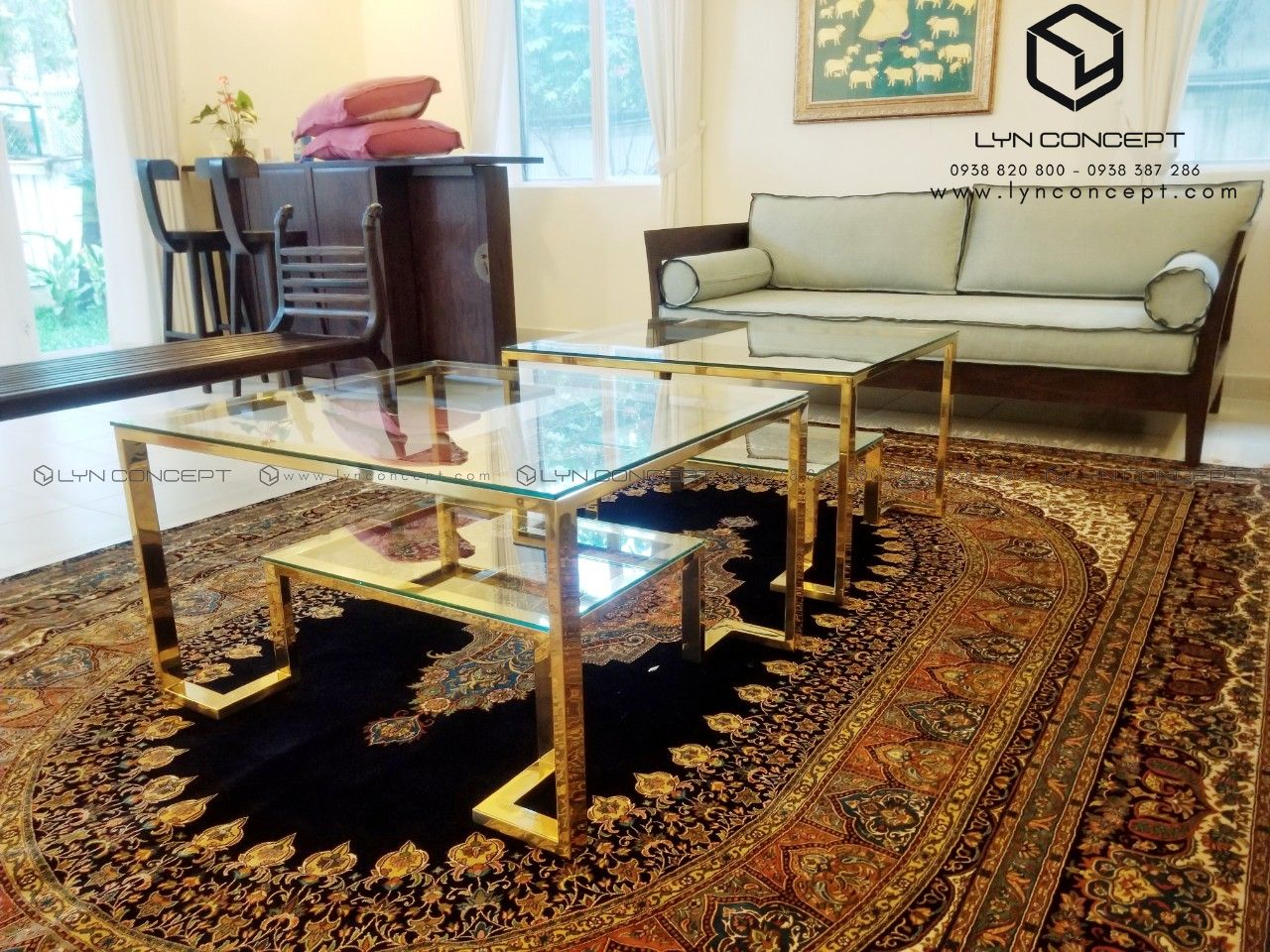 Bàn Trà Sofa Vuông 1200 Mặt Kính Chân Inox Mạ Pvd Vàng Cao Cấp - BT62