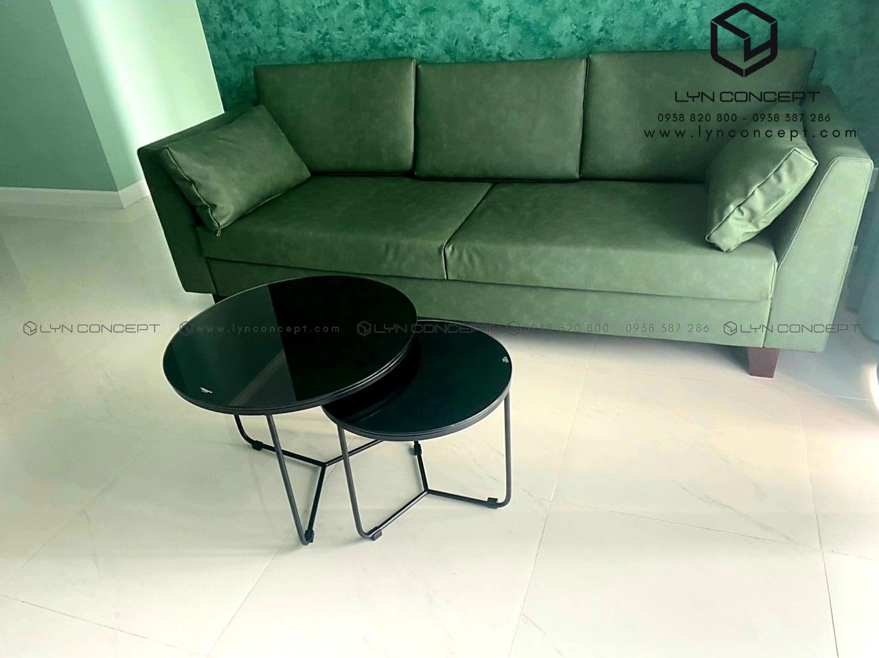 Bàn Trà Đôi Tròn - Mặt Kính Đen, Chân Y Sắt Sơn Đen