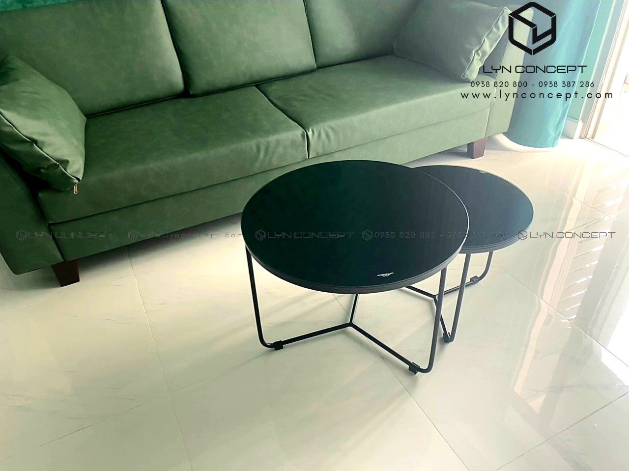 Bàn Trà Đôi Tròn - Mặt Kính Đen, Chân Y Sắt Sơn Đen
