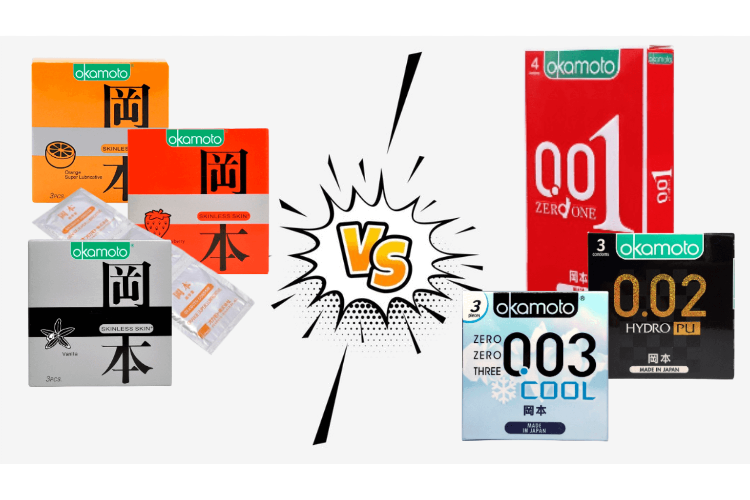 Các loại bao cao su phổ thông và bao cao su siêu mỏng của Okamoto