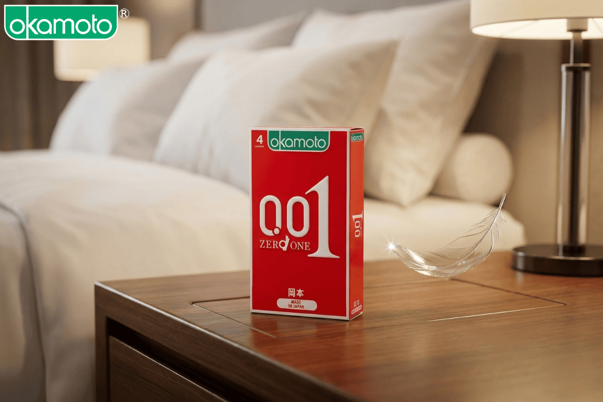 Bao cao su Okamoto 0.01 Polyurethane siêu mỏng tàng hình truyền nhiệt tốt.