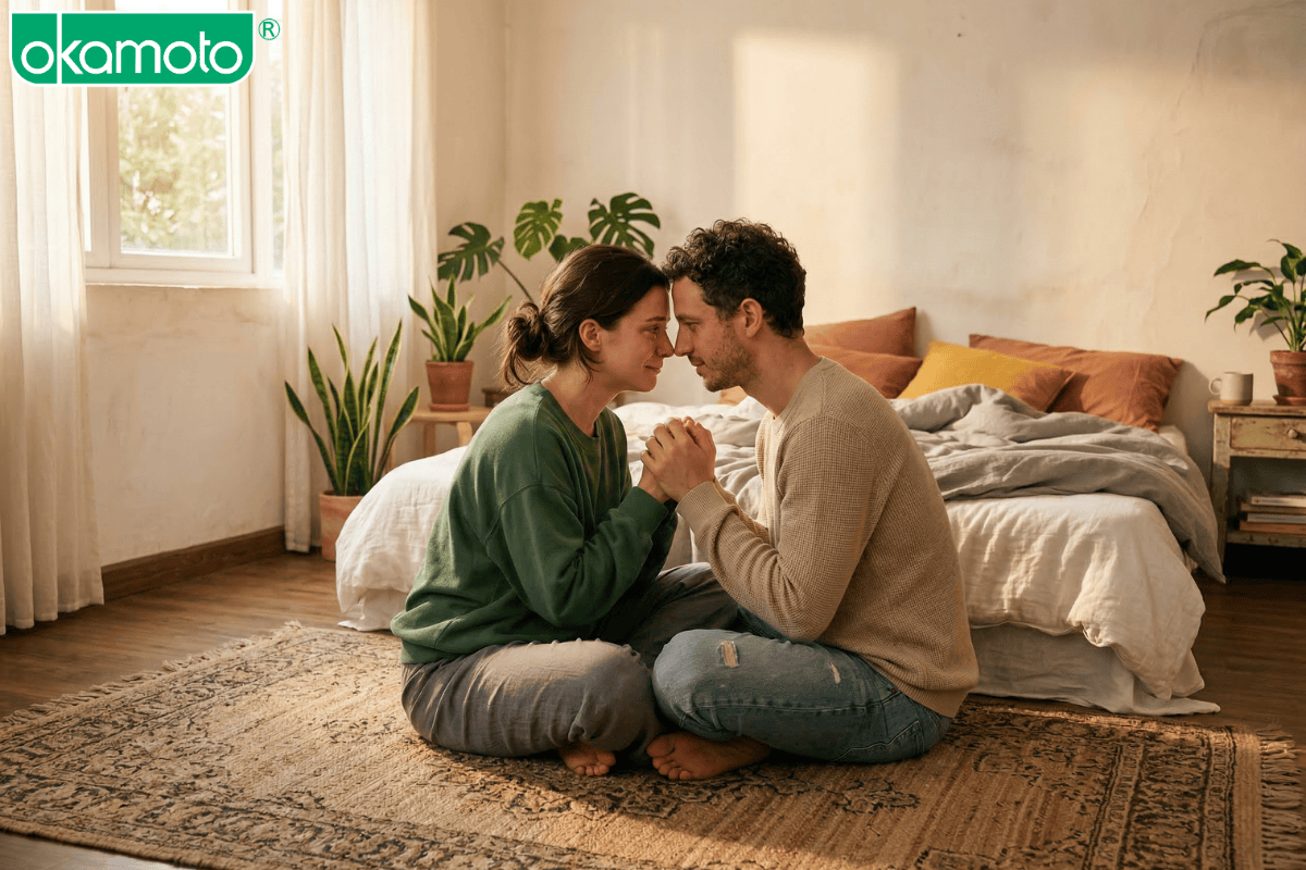 Cặp đôi nắm tay trò chuyện thấu cảm để giải quyết vấn đề tâm lý phòng the.