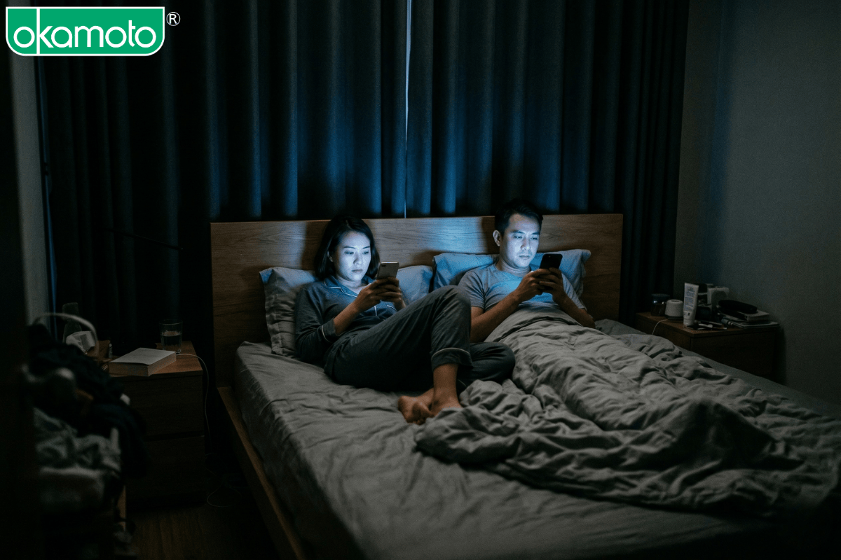 Sự xa cách của cặp đôi trên giường do ảnh hưởng của điện thoại và màn hình kỹ thuật số.