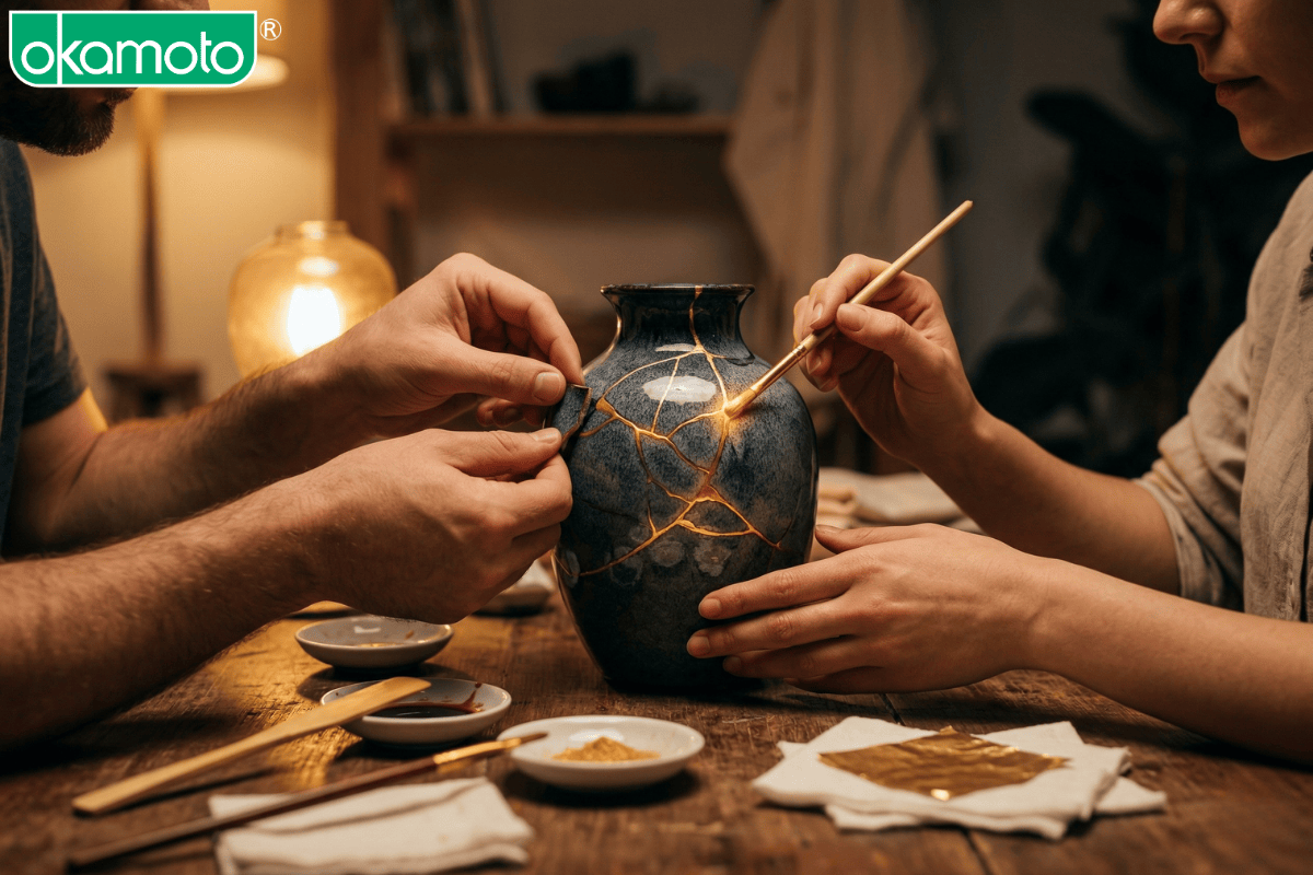 Nghệ thuật Kintsugi tượng trưng cho việc hàn gắn rạn nứt trong tình yêu.