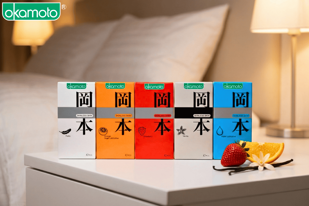 Bộ sưu tập bao cao su Okamoto Skinless Skin 5 mùi hương dâu, cam, vanilla.