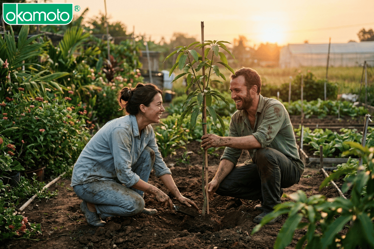 Cặp đôi cùng nhau trồng cây tượng trưng cho sứ mệnh chung trong hôn nhân.