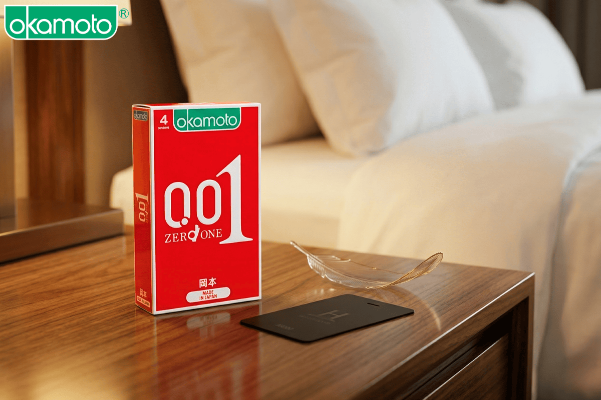Chuẩn bị bao cao su Okamoto 0.01 siêu mỏng để đảm bảo an toàn tại khách sạn.
