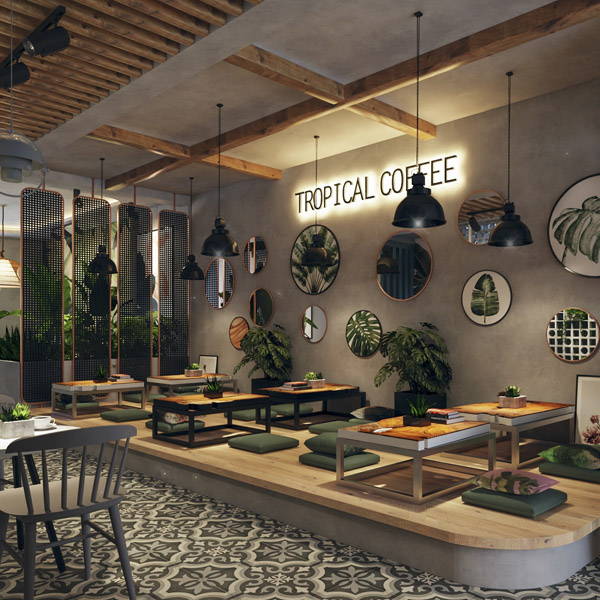 Thiết kế bảng hiệu, ánh sáng cho quán cà phê sân vườn đơn giản