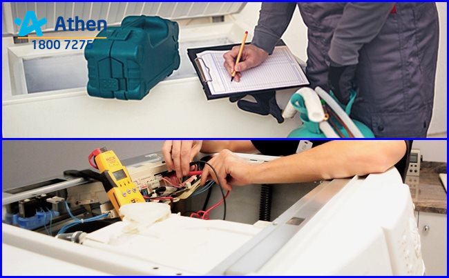 Thợ điện lạnh kiểm tra tủ đông