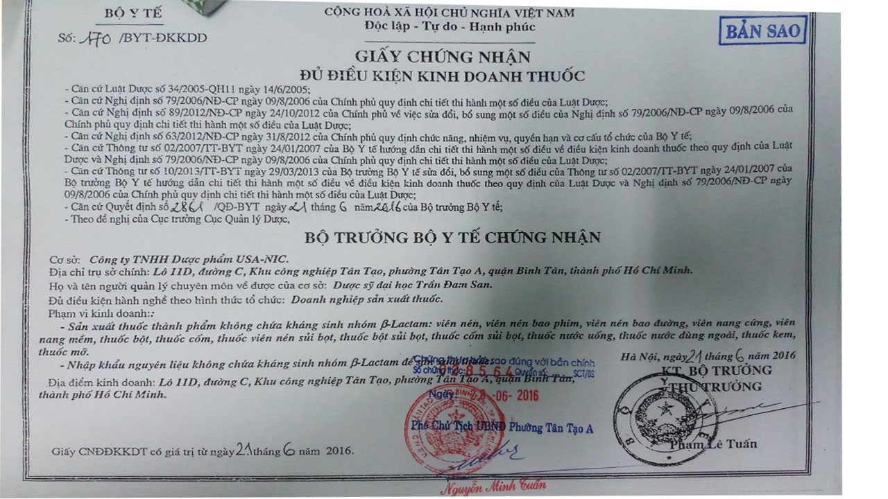 Giấy phép đủ điều kiện sản xuất và kinh doanh thuốc công ty dược USA NIC PHARMA do Bộ Y Tế cấp