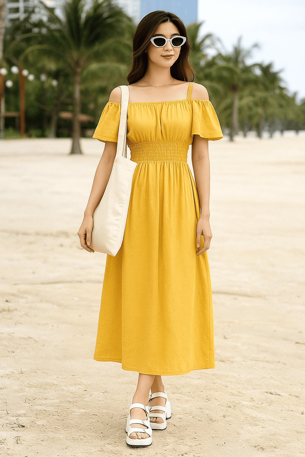 phong cách đầm maxi kết hợp với túi vải