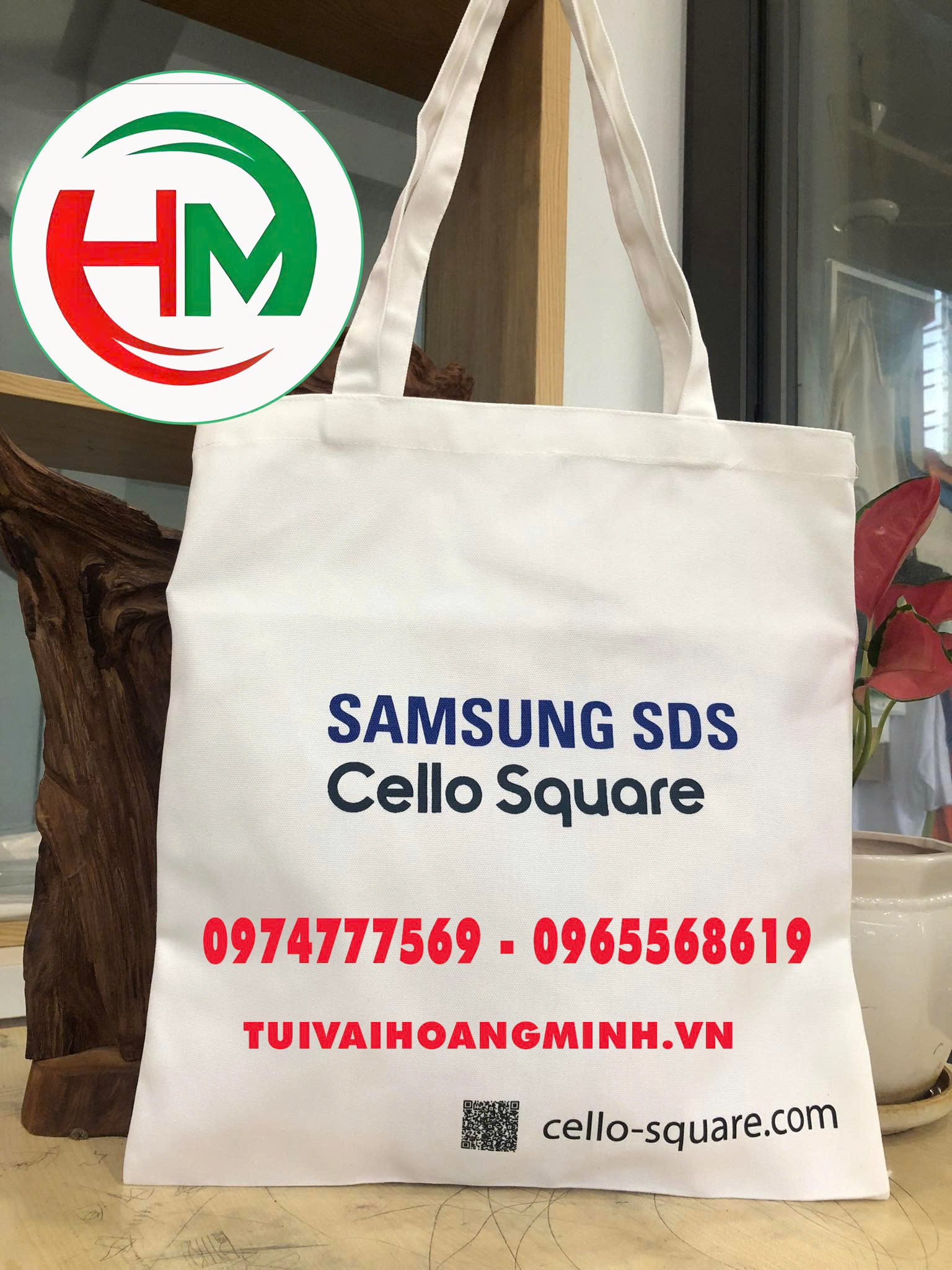 ánh túi vải canvas màu trắng in logo SAMSUNG SDS Cello Square