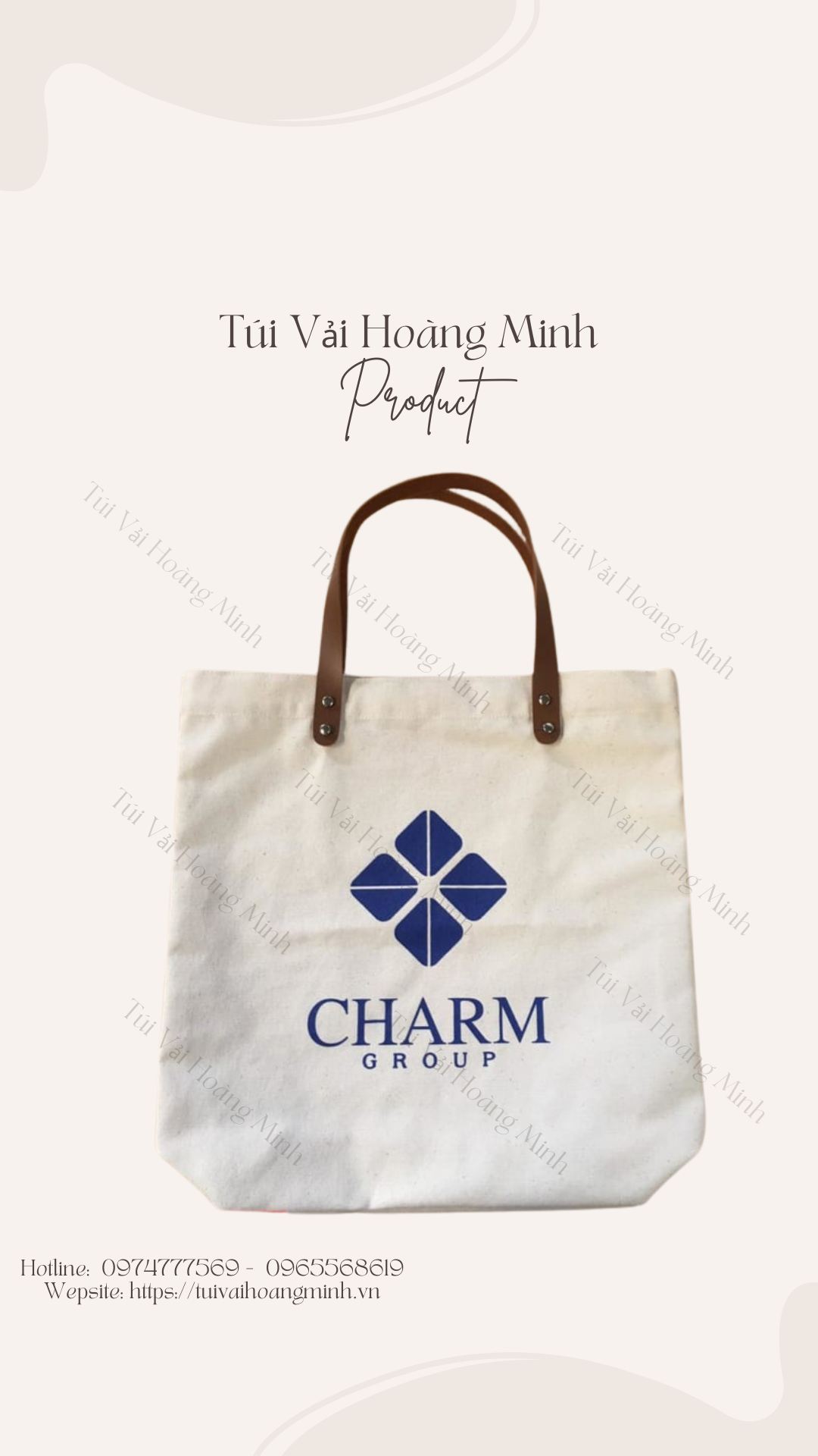 Túi vải canvas in thương hiệu Charm Group tại xưởng Túi Vải Hoàng Minh