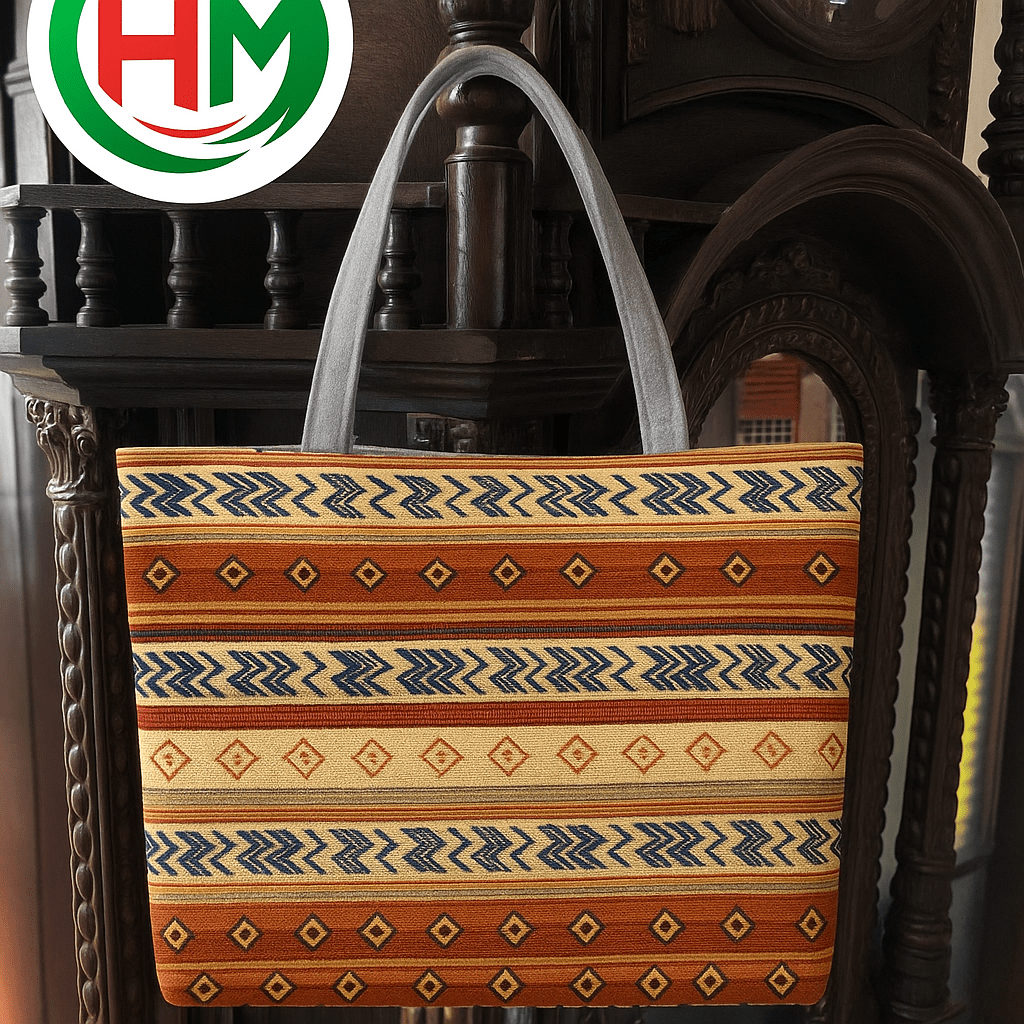 túi vải canvas in họa tiết thổ cẩm nổi bật với màu sắc vàng kết hợp nâu đất