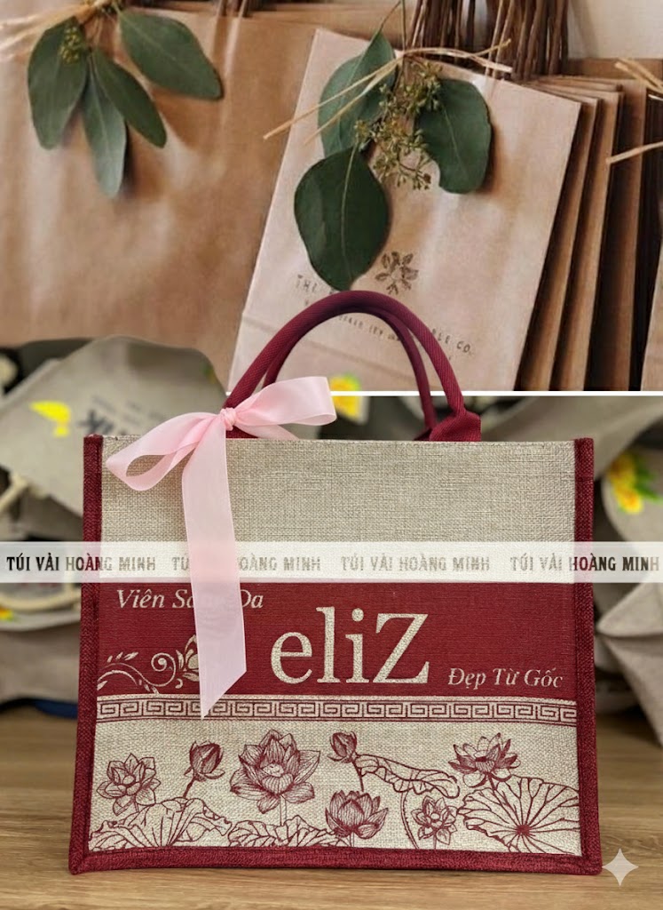 mẫu túi vải linen in logo thương hiệu làm túi đựng quà cưới tại Hoàng Minh
