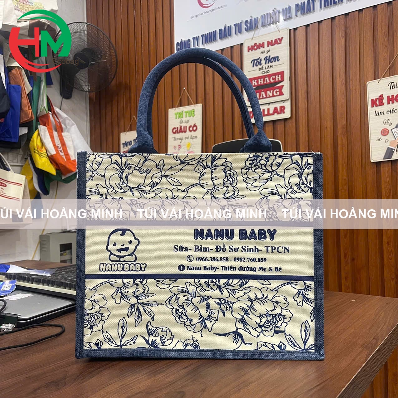 túi linen in logo nanu baby được sản xuất tại xưởng Túi Vải Hoàng Minh