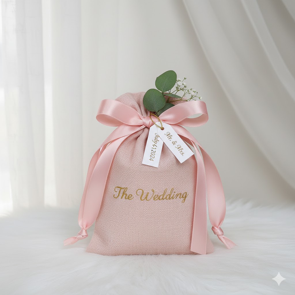 túi vải linen đựng quà cưới phối nơ