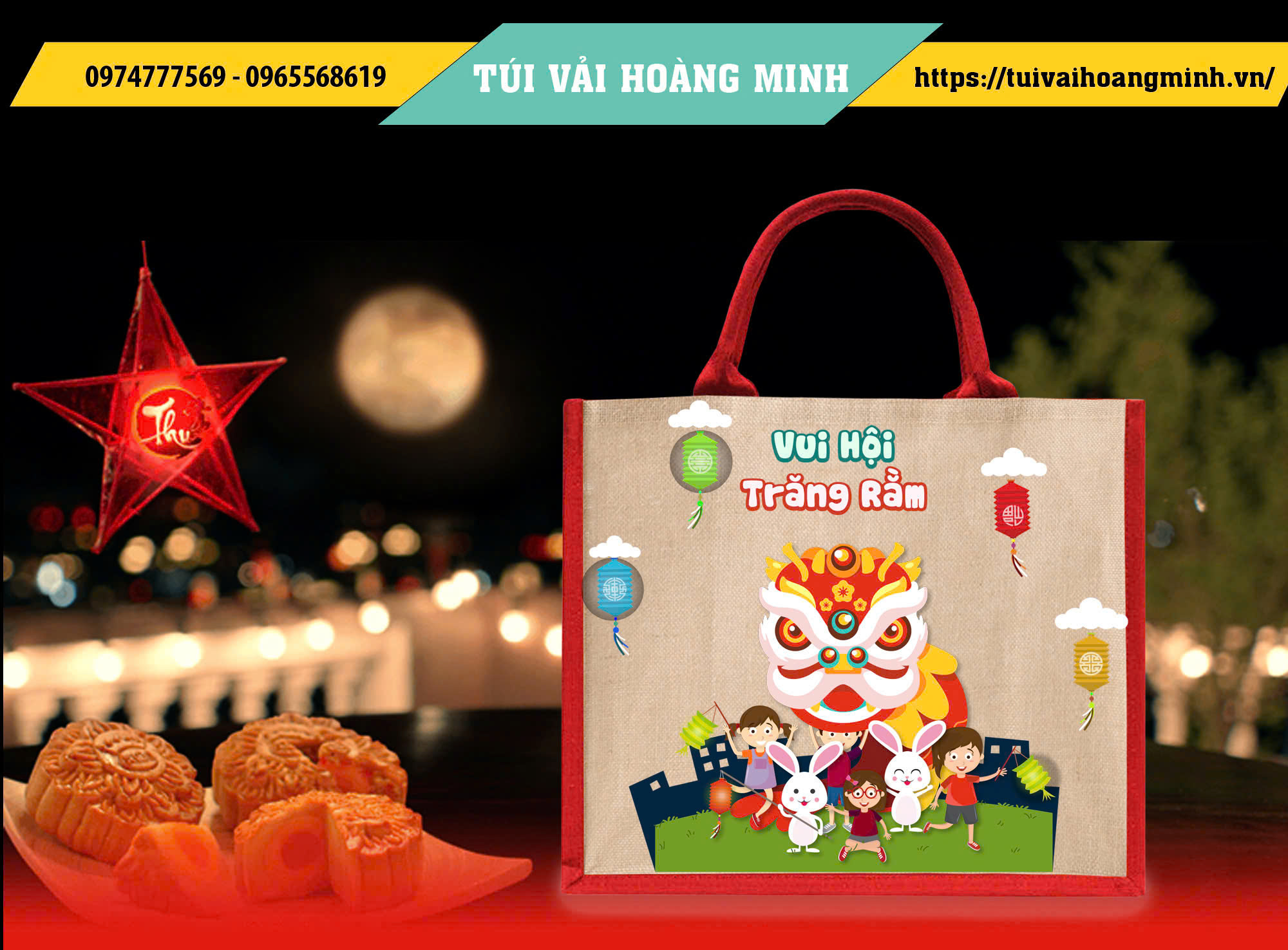 túi vải quà tặng dịp trung thu được sản xuất tại xưởng Túi Vải Hoàng Minh