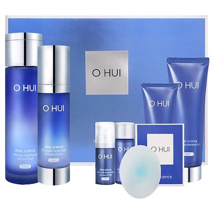 Set trị mụn Ohui Clinic Science bao gồm Sữa rửa mặt Ohui, Nước hoa hồng Ohui và Sữa dưỡng da Ohui