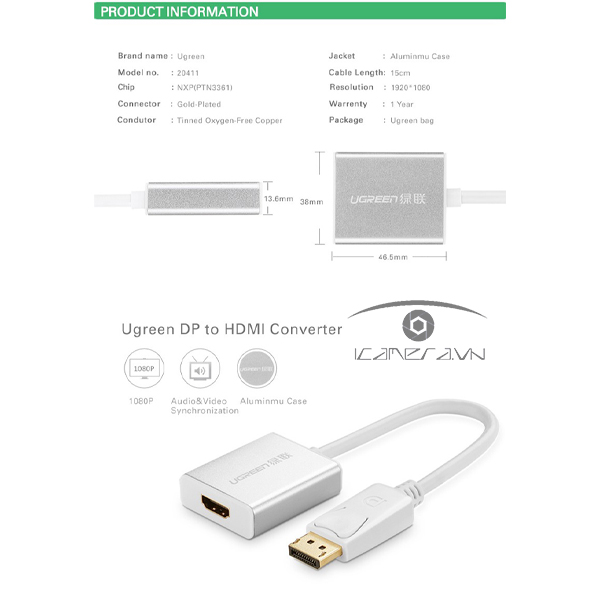 Cáp chuyển Displayport to HDMI cao cấp Ugreen UG-20411