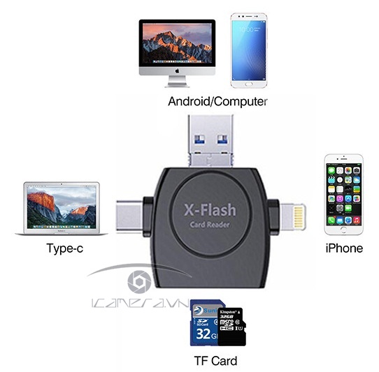 Đầu đọc thẻ X-Flash 5in1 Lightning/MicroUSB/USB A/Type-C/Micro SD TF Card