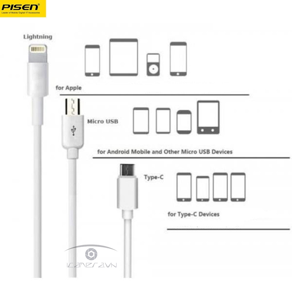 Cáp sạc Pisen 3 trong 1 Type-C Micro USB Lightning dài 1200mm AP07