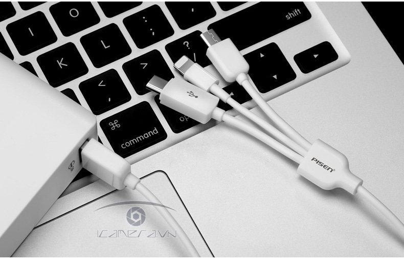Cáp sạc Pisen 3 trong 1 Type-C Micro USB Lightning dài 1200mm AP07