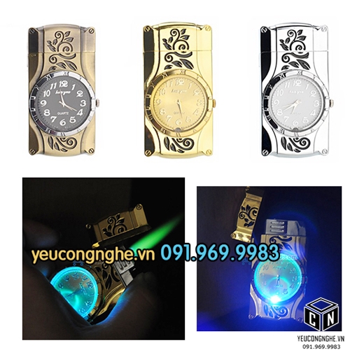 Bật lửa gas hình đồng hồ kim loại mặt LED đổi màu Bật lửa gas hình đồng hồ kim loại mặt LED đổi màu