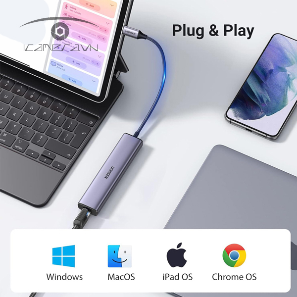 Hub USB Type C to 3 cổng USB 3.0 + Lan Ugreen 60600 tốc độ 1000Mbps