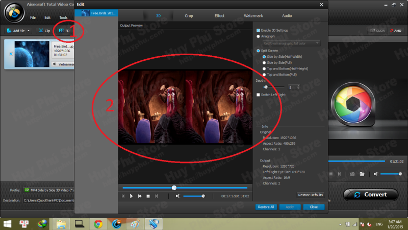 Hướng dẫn convert phim 2D sang phim 3D SBS