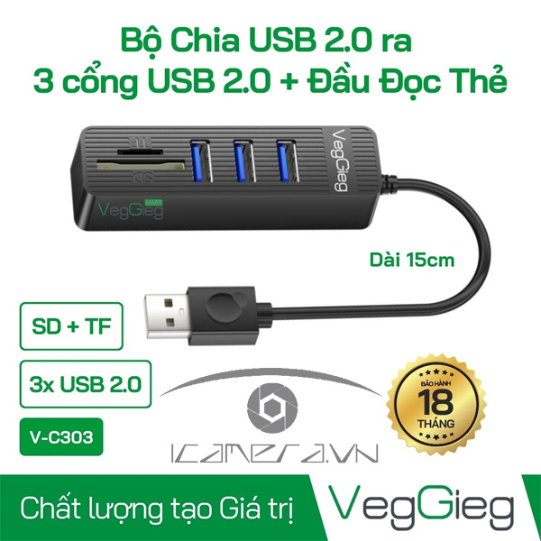 Bộ Chia USB2.0 ra 3 cổng USB2.0 + Đầu Đọc Thẻ (SD+TF 2 TRONG 1) - V-C303