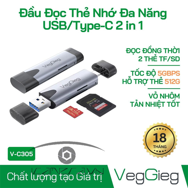 Đầu Đọc Thẻ Nhớ Đa Năng USB/TypeC 2in1 - V-C305