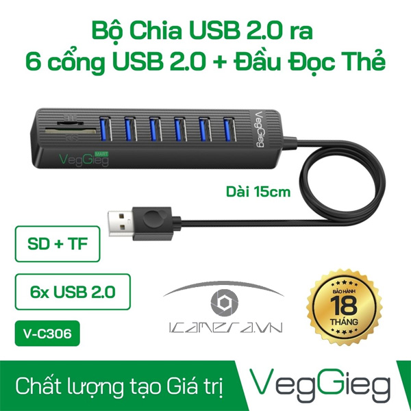 Bộ Chia/ Hub USB2.0 ra 6 cổng USB2.0 + Đầu Đọc Thẻ (SD+TF 2 in 1) - V-C306
