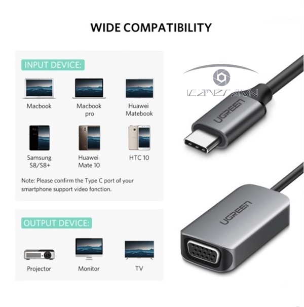 Cáp chuyển USB Type C to VGA Ugreen 50316 hỗ trợ Full HD 1080P