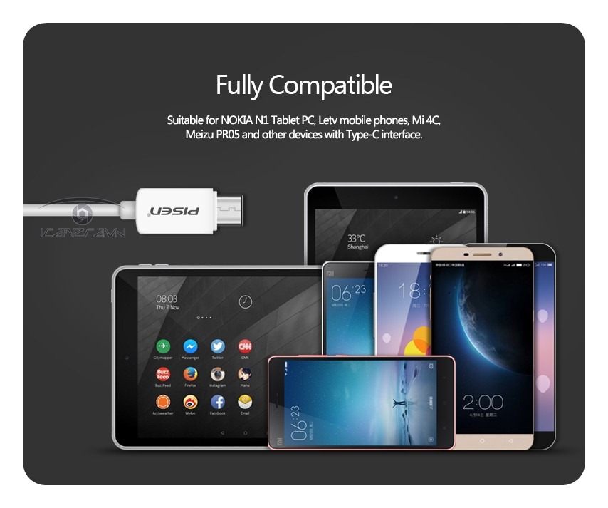 Cáp sạc Type-C tốc độ nhanh 2A độ dài 1m cổng vào USB chính hãng Pisen