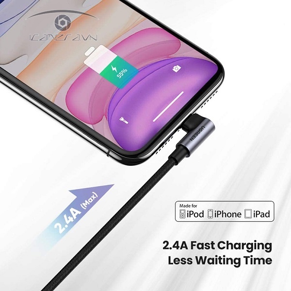 Cáp sạc Ugreen 60521 lightning bẻ góc 90 độ dài 1m  dùng cho iphone, ipad