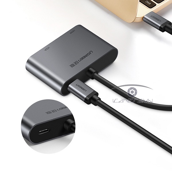 Cáp USB Type C to HDMI + VGA Ugreen 50505 hỗ trợ sạc Power Delivery chính hãng