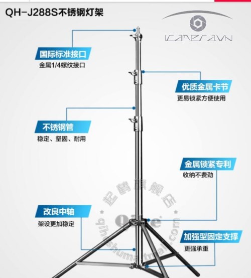 Chân đèn inox Qihe J288S 2.8m quay phim, chụp ảnh cho studio