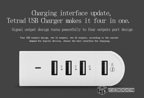 Củ sạc 4 cổng USB 1A và 2A chính hãng Pisen TS-C054