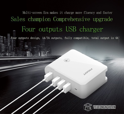 Củ sạc 4 cổng USB 1A và 2A chính hãng Pisen TS-C054